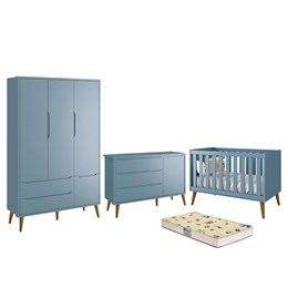 Dormitório Infantil Theo Retrô 3 Portas, Cômoda 1 Porta, Berço Azul Fosco com Pés Amadeirado e Colchão D18 - Reller Móveis