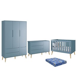 Dormitório Infantil Theo Retrô 3 Portas, Cômoda 1 Porta, Berço Azul Fosco com Pés Madeira Natural e Colchão - Reller Móveis 
