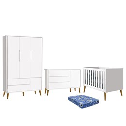 Dormitório Infantil Theo Retrô 3 Portas, Cômoda 1 Porta, Berço Branco Fosco com Pés Amadeirado e Colchão - Reller Móveis