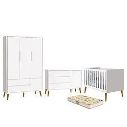 Dormitório Infantil Theo Retrô 3 Portas, Cômoda 1 Porta, Berço Branco Fosco com Pés Amadeirado e Colchão D18 - Reller Móveis