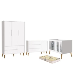 Dormitório Infantil Theo Retrô 3 Portas, Cômoda 1 Porta, Berço Branco Fosco com Pés Amadeirado e Colchão D18 - Reller Móveis Dormitório Infantil Theo Retrô 3 Portas, Cômoda 1 Porta, Berço Branco Fosco com Pés Amadeirado e Colchão D18 - Reller Móveis