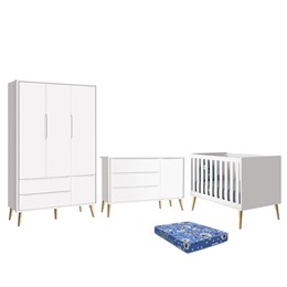 Dormitório Infantil Theo Retrô 3 Portas, Cômoda 1 Porta, Berço Branco Fosco com Pés Madeira Natural e Colchão - Reller Móveis 