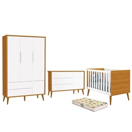 Dormitório Infantil Theo Retrô 3 Portas, Cômoda 1 Porta, Berço Branco/Savana com Pés Amadeirado e Colchão D18 - Reller Móveis