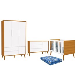 Dormitório Infantil Theo Retrô 3 Portas, Cômoda 1 Porta, Berço Branco/Savana com Pés Amadeirado e Colchão - Reller Móveis