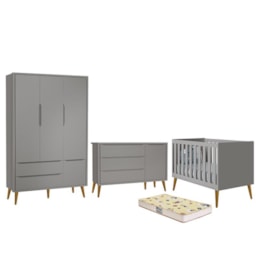 Dormitório Infantil Theo Retrô 3 Portas, Cômoda 1 Porta, Berço Cinza Fosco com Pés Amadeirado e Colchão D18 - Reller Móveis Dormitório Infantil Theo Retrô 3 Portas, Cômoda 1 Porta, Berço Cinza Fosco com Pés Amadeirado e Colchão D18 - Reller Móveis