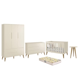 Dormitório Infantil Theo Retrô 3 Portas, Cômoda 1 Porta, Berço, Mesa de Apoio Areia Fosco com Pés Amadeirado e Colchão D18 - Reller Móveis Dormitório Infantil Theo Retrô 3 Portas, Cômoda 1 Porta, Berço, Mesa de Apoio Areia Fosco com Pés Amadeirado e Colchão D18 - Reller Móveis