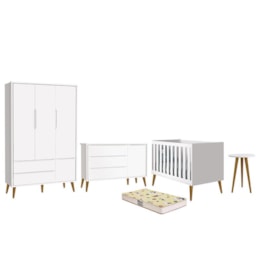 Dormitório Infantil Theo Retrô 3 Portas, Cômoda 1 Porta, Berço, Mesa de Apoio Branco Fosco com Pés Amadeirado e Colchão D18 - Reller Móveis Dormitório Infantil Theo Retrô 3 Portas, Cômoda 1 Porta, Berço, Mesa de Apoio Branco Fosco com Pés Amadeirado e Colchão D18 - Reller Móveis