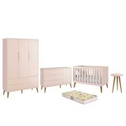 Dormitório Infantil Theo Retrô 3 Portas, Cômoda 1 Porta, Berço, Mesa de Apoio Rosa Fosco com Pés Amadeirado e Colchão D18 - Reller Móveis Dormitório Infantil Theo Retrô 3 Portas, Cômoda 1 Porta, Berço, Mesa de Apoio Rosa Fosco com Pés Amadeirado e Colchão D18 - Reller Móveis