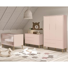 Dormitório Infantil Theo Retrô 3 Portas, Cômoda 1 Porta, Berço Rosa Fosco com Pés Madeira Natural e Colchão - Reller Móveis 