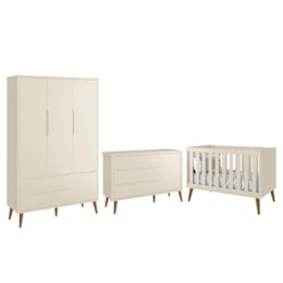 Dormitório Infantil Theo Retrô 3 Portas, Cômoda 1 Porta e Berço Areia Fosco com Pés Amadeirado - Reller Móveis Dormitório Infantil Theo Retrô 3 Portas, Cômoda 1 Porta e Berço Areia Fosco com Pés Amadeirado - Reller Móveis