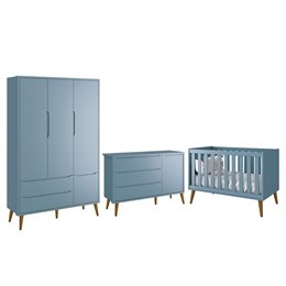 Dormitório Infantil Theo Retrô 3 Portas, Cômoda 1 Porta e Berço Azul Fosco com Pés Amadeirado - Reller Móveis