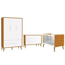 Dormitório Infantil Theo Retrô 3 Portas, Cômoda 1 Porta e Berço Branco/Savana com Pés Amadeirado - Reller Móveis