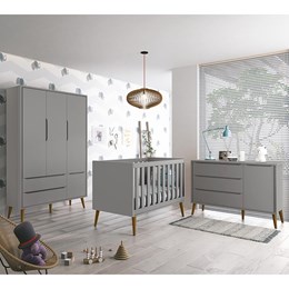 Dormitório Infantil Theo Retrô 3 Portas, Cômoda 1 Porta e Berço Cinza Fosco com Pés Amadeirado - Reller Móveis
