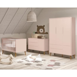 Dormitório Infantil Theo Retrô 3 Portas, Cômoda 1 Porta e Berço Rosa Fosco com Pés Amadeirado - Reller Móveis Dormitório Infantil Theo Retrô 3 Portas, Cômoda 1 Porta e Berço Rosa Fosco com Pés Amadeirado - Reller Móveis
