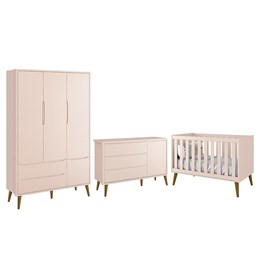 Dormitório Infantil Theo Retrô 3 Portas, Cômoda 1 Porta e Berço Rosa Fosco com Pés Amadeirado - Reller Móveis
