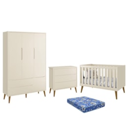 Dormitório Infantil Theo Retrô 3 Portas, Cômoda, Berço Areia Fosco com Pés Amadeirado e Colchão - Reller Móveis Dormitório Infantil Theo Retrô 3 Portas, Cômoda, Berço Areia Fosco com Pés Amadeirado e Colchão - Reller Móveis