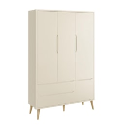 Dormitório Infantil Theo Retrô 3 Portas, Cômoda, Berço Areia Fosco com Pés Madeira Natural e Colchão - Reller Móveis  Dormitório Infantil Theo Retrô 3 Portas, Cômoda, Berço Areia Fosco com Pés Madeira Natural e Colchão - Reller Móveis