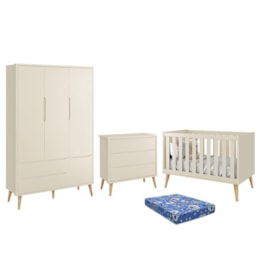 Dormitório Infantil Theo Retrô 3 Portas, Cômoda, Berço Areia Fosco com Pés Madeira Natural e Colchão - Reller Móveis  Dormitório Infantil Theo Retrô 3 Portas, Cômoda, Berço Areia Fosco com Pés Madeira Natural e Colchão - Reller Móveis