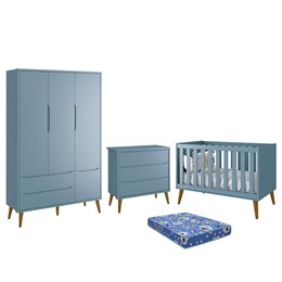 Dormitório Infantil Theo Retrô 3 Portas, Cômoda, Berço Azul Fosco com Pés Amadeirado e Colchão - Reller Móveis