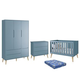 Dormitório Infantil Theo Retrô 3 Portas, Cômoda, Berço Azul Fosco com Pés Madeira Natural e Colchão - Reller Móveis 