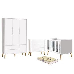 Dormitório Infantil Theo Retrô 3 Portas, Cômoda, Berço Branco Fosco com Pés Amadeirado e Colchão D18 - Reller Móveis