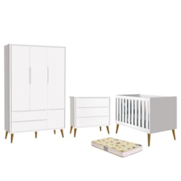 Dormitório Infantil Theo Retrô 3 Portas, Cômoda, Berço Branco Fosco com Pés Amadeirado e Colchão D18 - Reller Móveis Dormitório Infantil Theo Retrô 3 Portas, Cômoda, Berço Branco Fosco com Pés Amadeirado e Colchão D18 - Reller Móveis