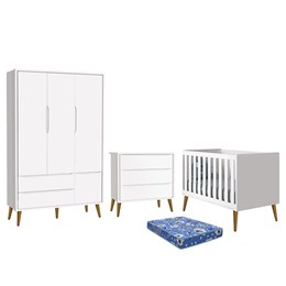 Dormitório Infantil Theo Retrô 3 Portas, Cômoda, Berço Branco Fosco com Pés Amadeirado e Colchão - Reller Móveis