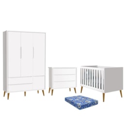 Dormitório Infantil Theo Retrô 3 Portas, Cômoda, Berço Branco Fosco com Pés Amadeirado e Colchão - Reller Móveis Dormitório Infantil Theo Retrô 3 Portas, Cômoda, Berço Branco Fosco com Pés Amadeirado e Colchão - Reller Móveis