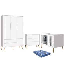 Dormitório Infantil Theo Retrô 3 Portas, Cômoda, Berço Branco Fosco com Pés Madeira Natural e Colchão - Reller Móveis 