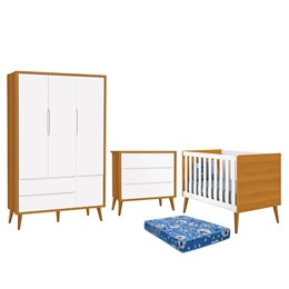 Dormitório Infantil Theo Retrô 3 Portas, Cômoda, Berço Branco/Savana com Pés Amadeirado e Colchão - Reller Móveis