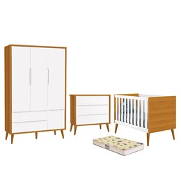 Dormitório Infantil Theo Retrô 3 Portas, Cômoda, Berço Branco/Savana com Pés Amadeirado e Colchão D18 - Reller Móveis