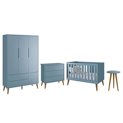 Dormitório Infantil Theo Retrô 3 Portas, Cômoda, Berço e Mesa de Apoio Azul Fosco com Pés Amadeirado - Reller Móveis