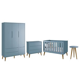 Dormitório Infantil Theo Retrô 3 Portas, Cômoda, Berço e Mesa de Apoio Azul Fosco com Pés Amadeirado - Reller Móveis