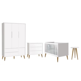 Dormitório Infantil Theo Retrô 3 Portas, Cômoda, Berço e Mesa de Apoio Branco Fosco com Pés Amadeirado - Reller Móveis Dormitório Infantil Theo Retrô 3 Portas, Cômoda, Berço e Mesa de Apoio Branco Fosco com Pés Amadeirado - Reller Móveis