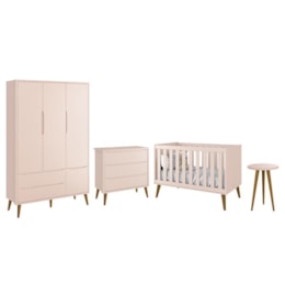 Dormitório Infantil Theo Retrô 3 Portas, Cômoda, Berço e Mesa de Apoio Rosa Fosco com Pés Amadeirado - Reller Móveis Dormitório Infantil Theo Retrô 3 Portas, Cômoda, Berço e Mesa de Apoio Rosa Fosco com Pés Amadeirado - Reller Móveis