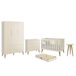 Dormitório Infantil Theo Retrô 3 Portas, Cômoda, Berço, Mesa de Apoio Areia Fosco com Pés Amadeirado e Colchão D18 - Reller Móveis Dormitório Infantil Theo Retrô 3 Portas, Cômoda, Berço, Mesa de Apoio Areia Fosco com Pés Amadeirado e Colchão D18 - Reller Móveis