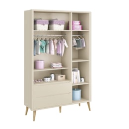 Dormitório Infantil Theo Retrô 3 Portas, Cômoda, Berço, Mesa de Apoio Areia Fosco com Pés Madeira Natural e Colchão - Reller Móveis  Dormitório Infantil Theo Retrô 3 Portas, Cômoda, Berço, Mesa de Apoio Areia Fosco com Pés Madeira Natural e Colchão - Reller Móveis