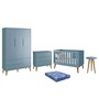 Dormitório Infantil Theo Retrô 3 Portas, Cômoda, Berço, Mesa de Apoio Azul Fosco com Pés Amadeirado e Colchão - Reller Móveis
