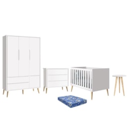 Dormitório Infantil Theo Retrô 3 Portas, Cômoda, Berço, Mesa de Apoio Branco Fosco com Pés Madeira Natural e Colchão - Reller Móveis  Dormitório Infantil Theo Retrô 3 Portas, Cômoda, Berço, Mesa de Apoio Branco Fosco com Pés Madeira Natural e Colchão - Reller Móveis