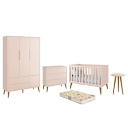 Dormitório Infantil Theo Retrô 3 Portas, Cômoda, Berço, Mesa de Apoio Rosa Fosco com Pés Amadeirado e Colchão D18 - Reller Móveis Dormitório Infantil Theo Retrô 3 Portas, Cômoda, Berço, Mesa de Apoio Rosa Fosco com Pés Amadeirado e Colchão D18 - Reller Móveis