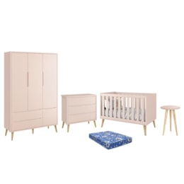 Dormitório Infantil Theo Retrô 3 Portas, Cômoda, Berço, Mesa de Apoio Rosa Fosco com Pés Madeira Natural e Colchão - Reller Móveis  Dormitório Infantil Theo Retrô 3 Portas, Cômoda, Berço, Mesa de Apoio Rosa Fosco com Pés Madeira Natural e Colchão - Reller Móveis