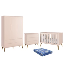 Dormitório Infantil Theo Retrô 3 Portas, Cômoda, Berço Rosa Fosco com Pés Amadeirado e Colchão - Reller Móveis Dormitório Infantil Theo Retrô 3 Portas, Cômoda, Berço Rosa Fosco com Pés Amadeirado e Colchão - Reller Móveis