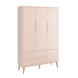 Dormitório Infantil Theo Retrô 3 Portas, Cômoda, Berço Rosa Fosco com Pés Madeira Natural e Colchão - Reller Móveis  Dormitório Infantil Theo Retrô 3 Portas, Cômoda, Berço Rosa Fosco com Pés Madeira Natural e Colchão - Reller Móveis