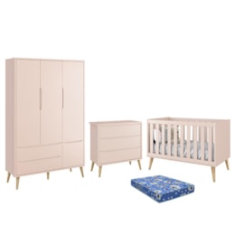 Dormitório Infantil Theo Retrô 3 Portas, Cômoda, Berço Rosa Fosco com Pés Madeira Natural e Colchão - Reller Móveis  Dormitório Infantil Theo Retrô 3 Portas, Cômoda, Berço Rosa Fosco com Pés Madeira Natural e Colchão - Reller Móveis