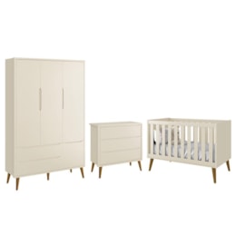 Dormitório Infantil Theo Retrô 3 Portas, Cômoda e Berço Areia Fosco com Pés Amadeirado - Reller Móveis Dormitório Infantil Theo Retrô 3 Portas, Cômoda e Berço Areia Fosco com Pés Amadeirado - Reller Móveis