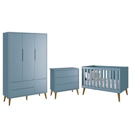 Dormitório Infantil Theo Retrô 3 Portas, Cômoda e Berço Azul Fosco com Pés Amadeirado - Reller Móveis