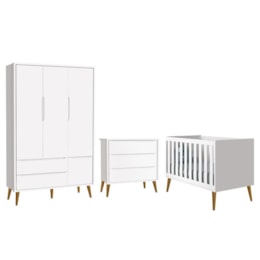 Dormitório Infantil Theo Retrô 3 Portas, Cômoda e Berço Branco Fosco com Pés Amadeirado - Reller Móveis Dormitório Infantil Theo Retrô 3 Portas, Cômoda e Berço Branco Fosco com Pés Amadeirado - Reller Móveis