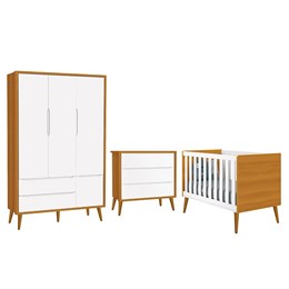 Dormitório Infantil Theo Retrô 3 Portas, Cômoda e Berço Branco/Savana com Pés Amadeirado - Reller Móveis