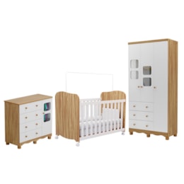 Dormitório Infantil Uli Guarda Roupa 3 Portas, Cômoda e Berço Branco Brilho/Amêndoa - Móveis Peroba