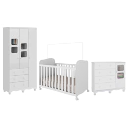 Dormitório Infantil Uli Guarda Roupa 3 Portas, Cômoda e Berço Branco Brilho - Móveis Peroba